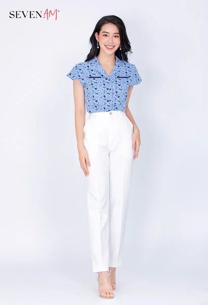 Quần trắng cạp cao áo sơ mi kiểu