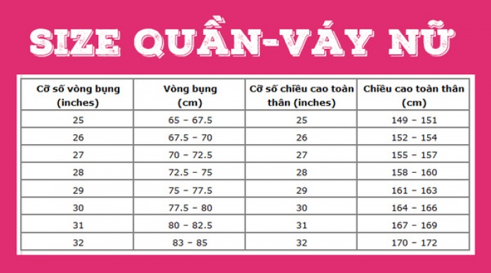 Size quần váy nữ
