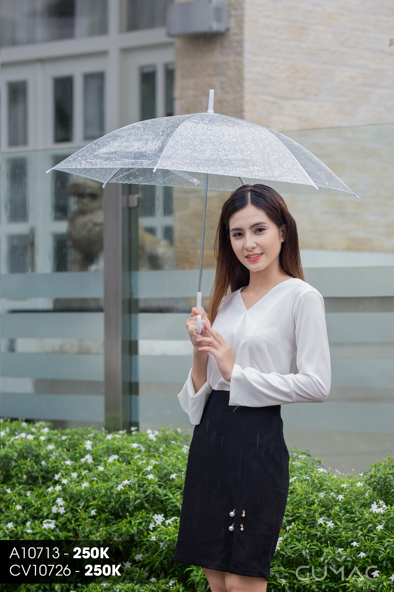 Sơ mi trắng cổ V phối chân váy chữ a