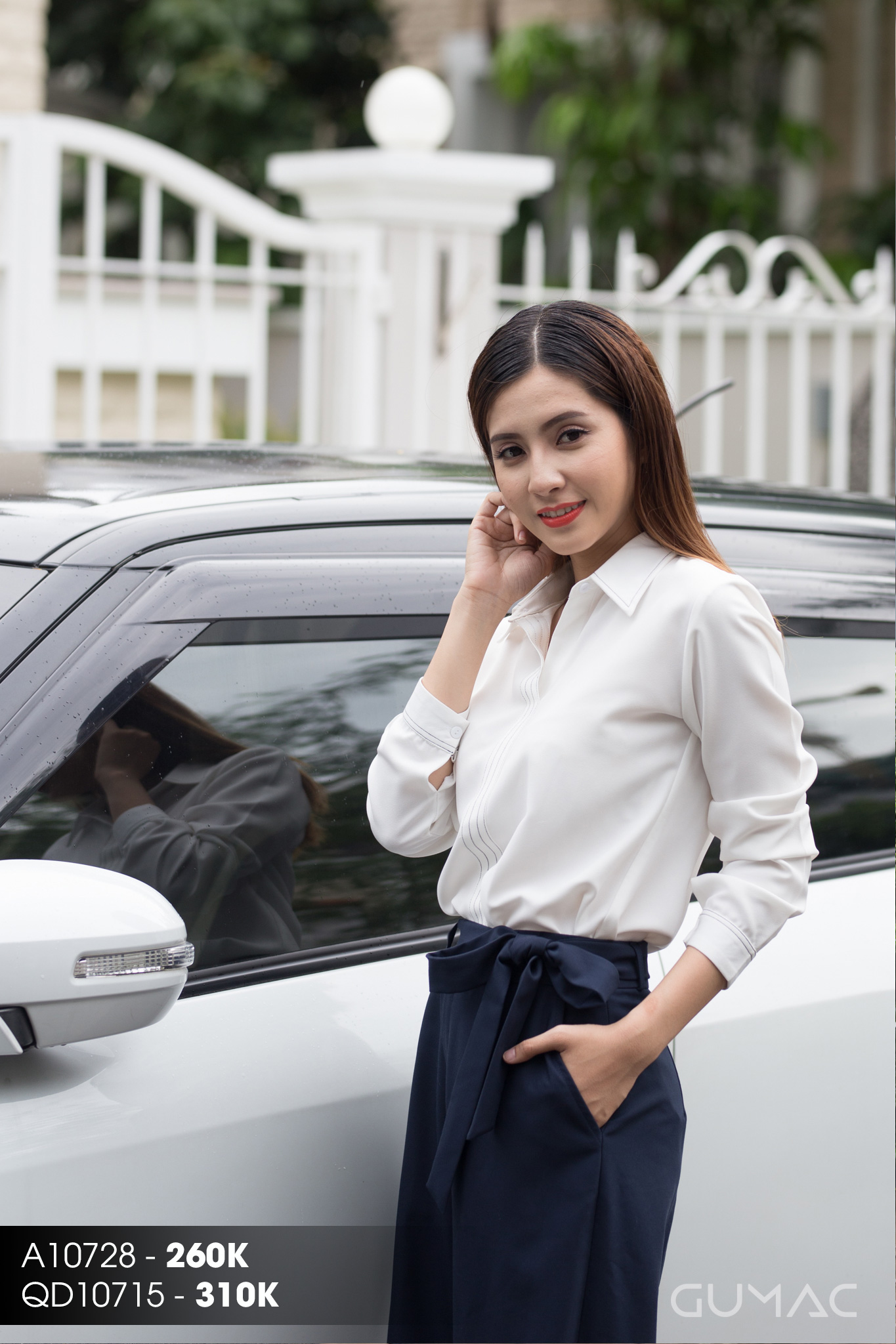 Áo sơ mi ttrắng tay dài cổ đức phối chân váy nơ