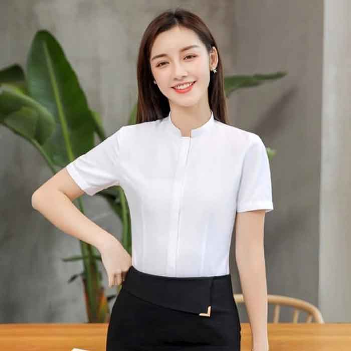 Mẫu sơ mi đồng phục trắng cổ trụ mùa hè