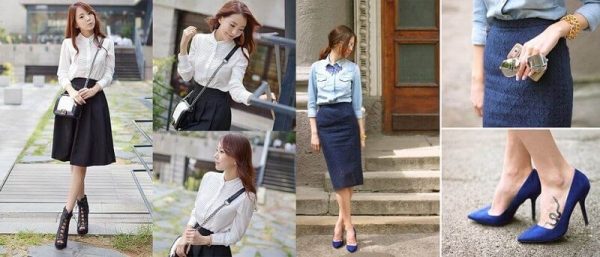Phong cách 2: Chân váy juyp A siêu tôn dáng cùng với áo sơ mi