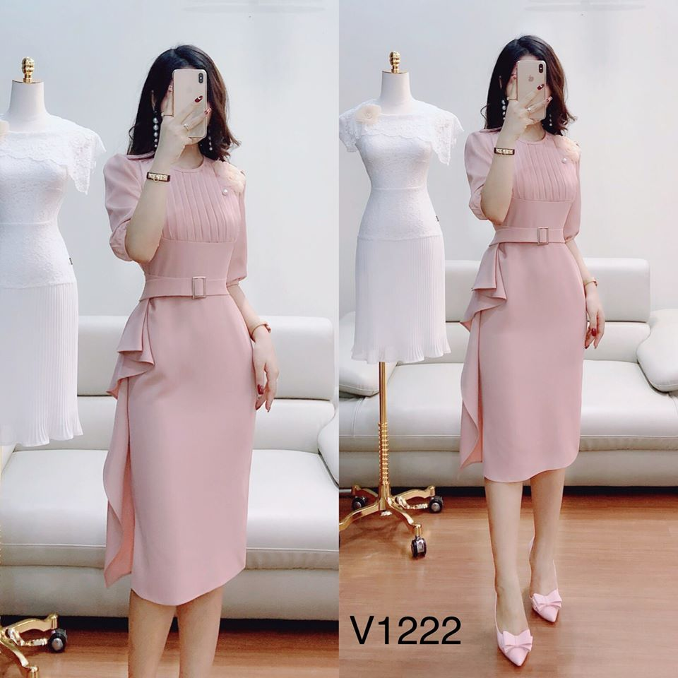 Đầm hồng ôm phối bèo thắt đai V1222 - Thời Trang Tadi