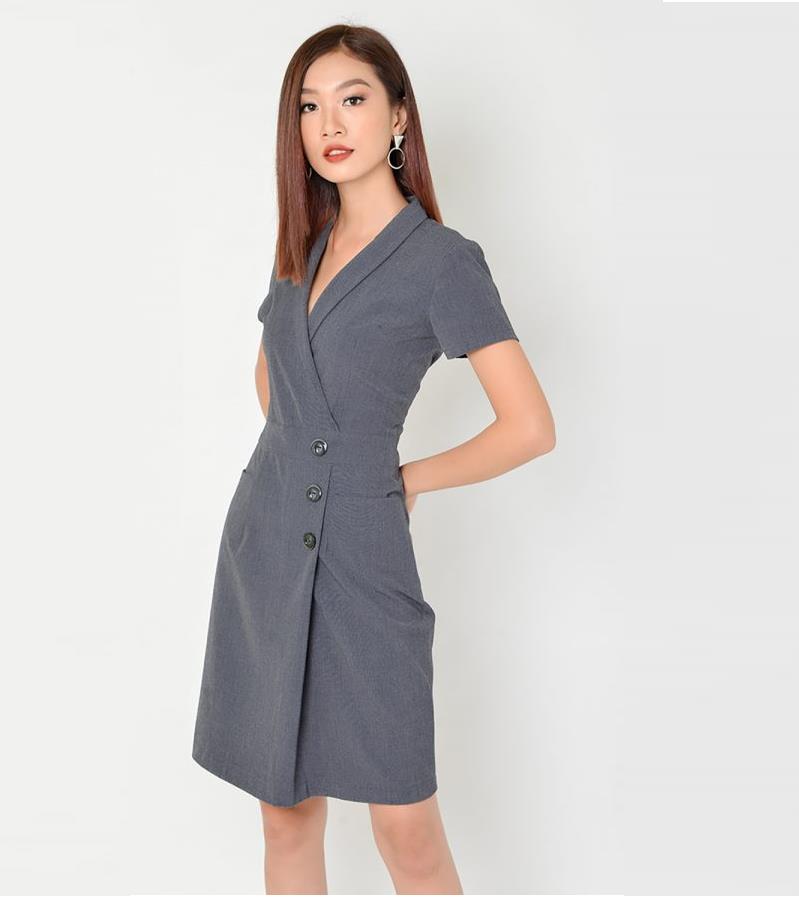 Đồng Phục Đầm Liền Cổ Vest Phối Cúc