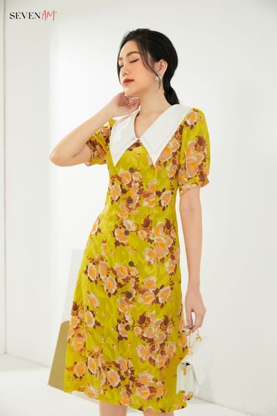 Đầm xòe tay cộc Sifong vàng hoa trắng FH633146N