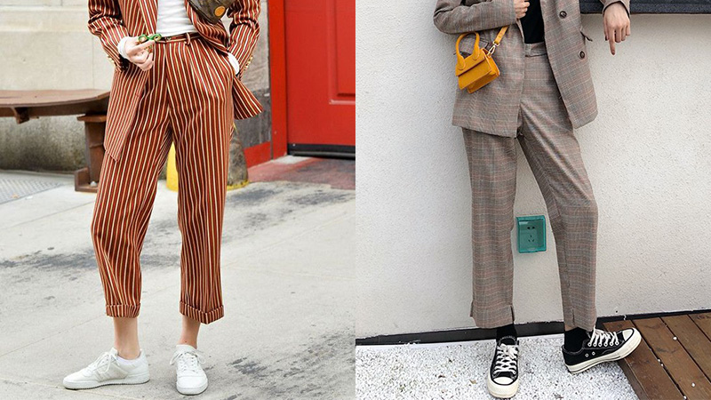 Phối đồ kẻ sọc với giày thể thao
