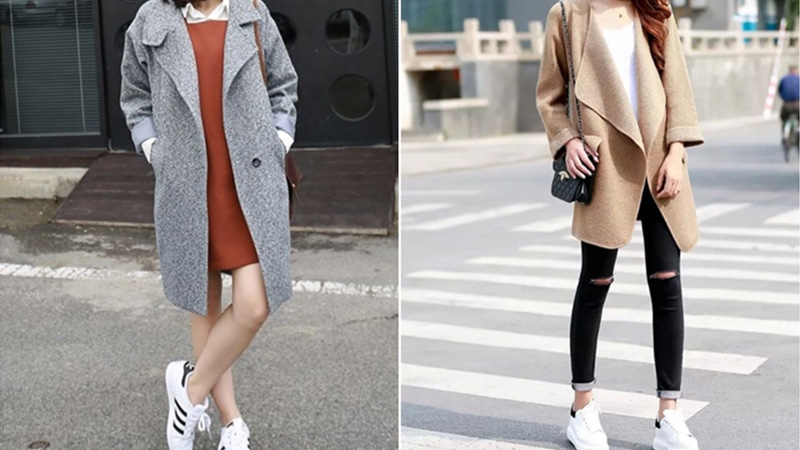 Phối áo khoác dạ với giày thể thao