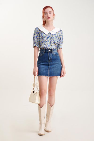 Áo kiểu voan họa tiết hoa 2 lá cổ